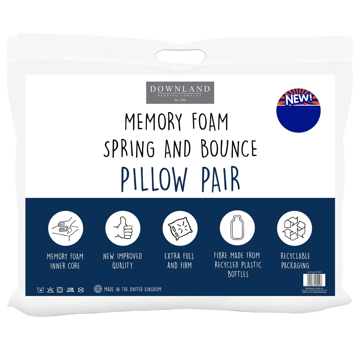 Downland Memory Foam Pillows 2pk Bedding Pillows B&M