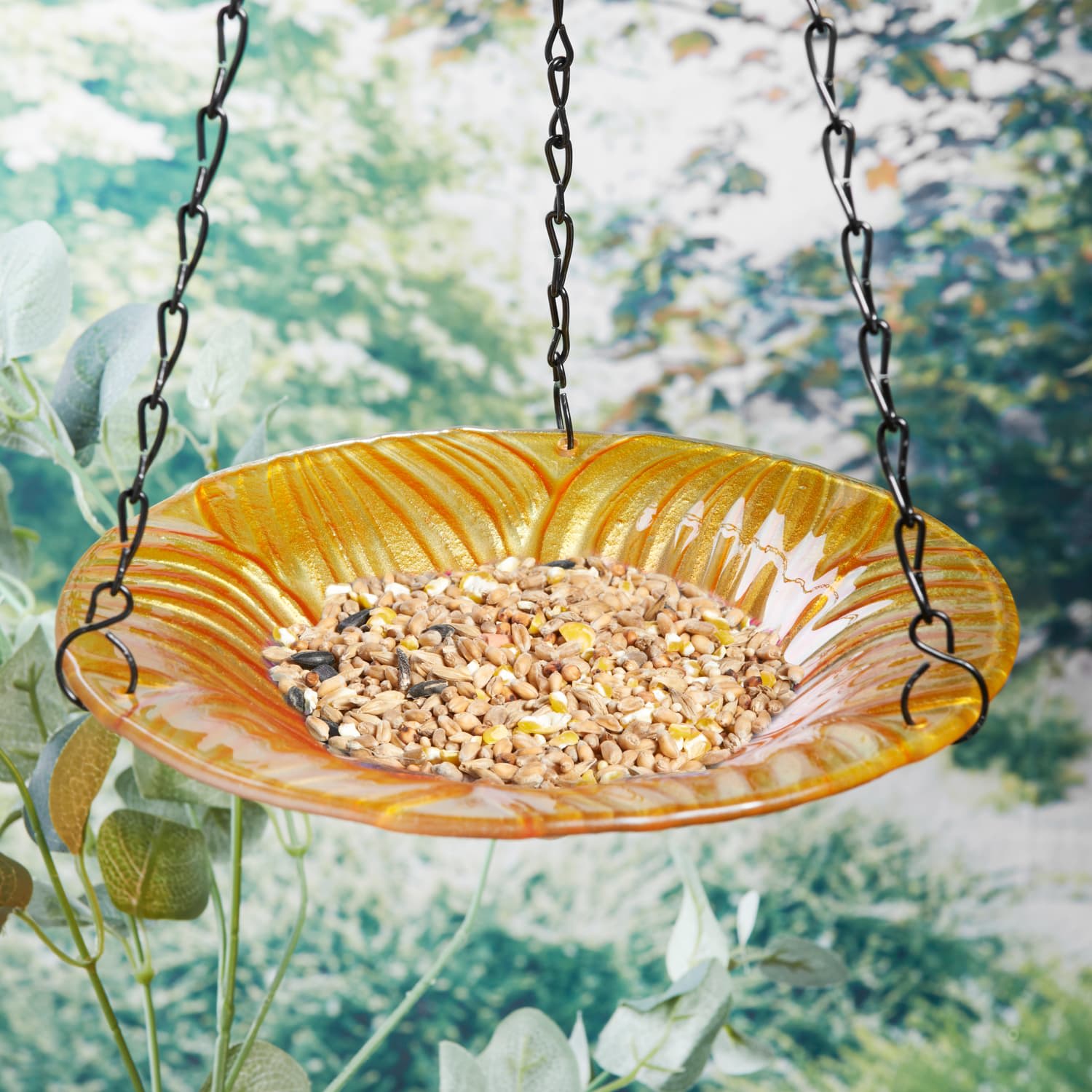 Wilde & Oakes Floral Glass Bird Feeder Yellow B&M Stores
