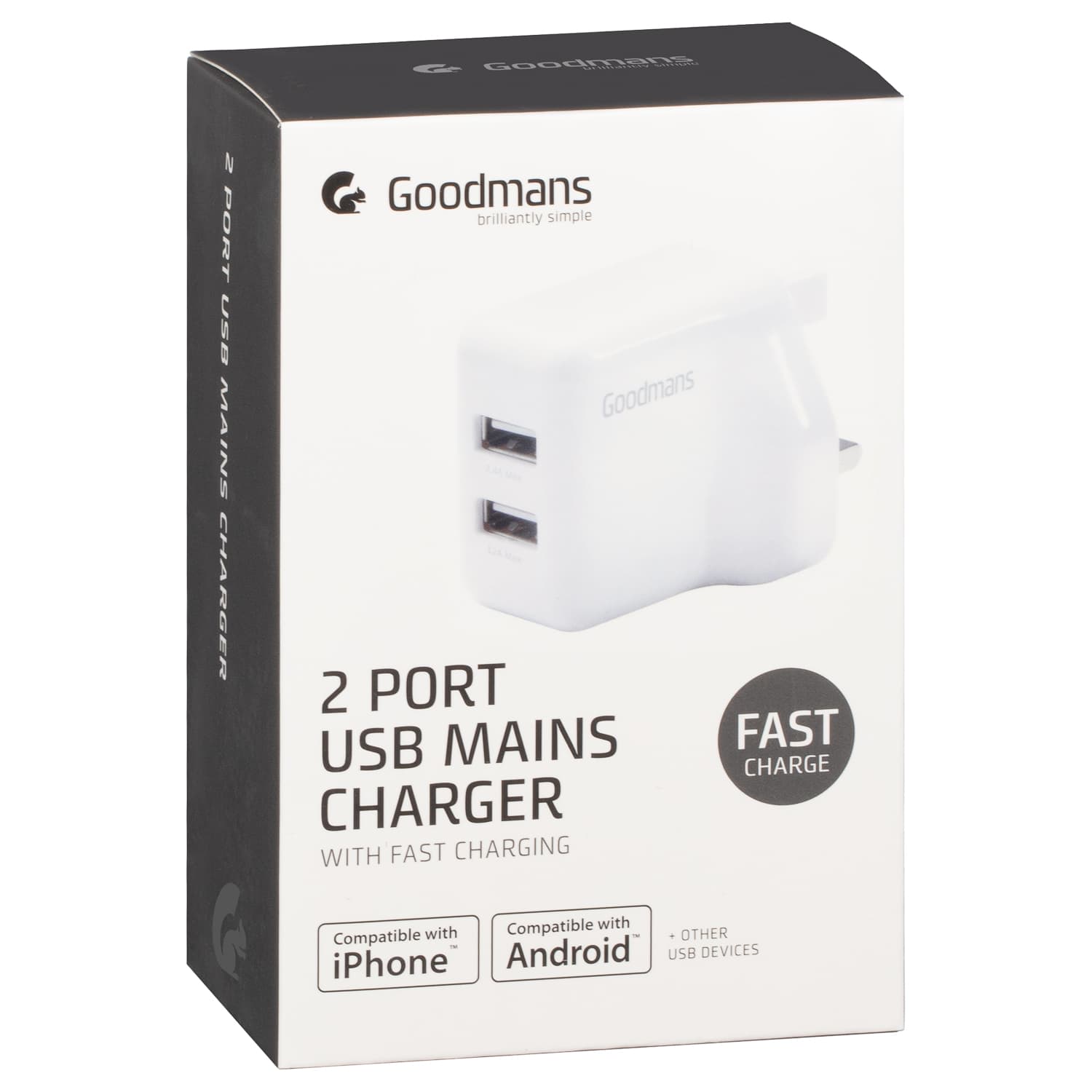 Goodmans 2 Port USB Fast Charger White Chargers B&M