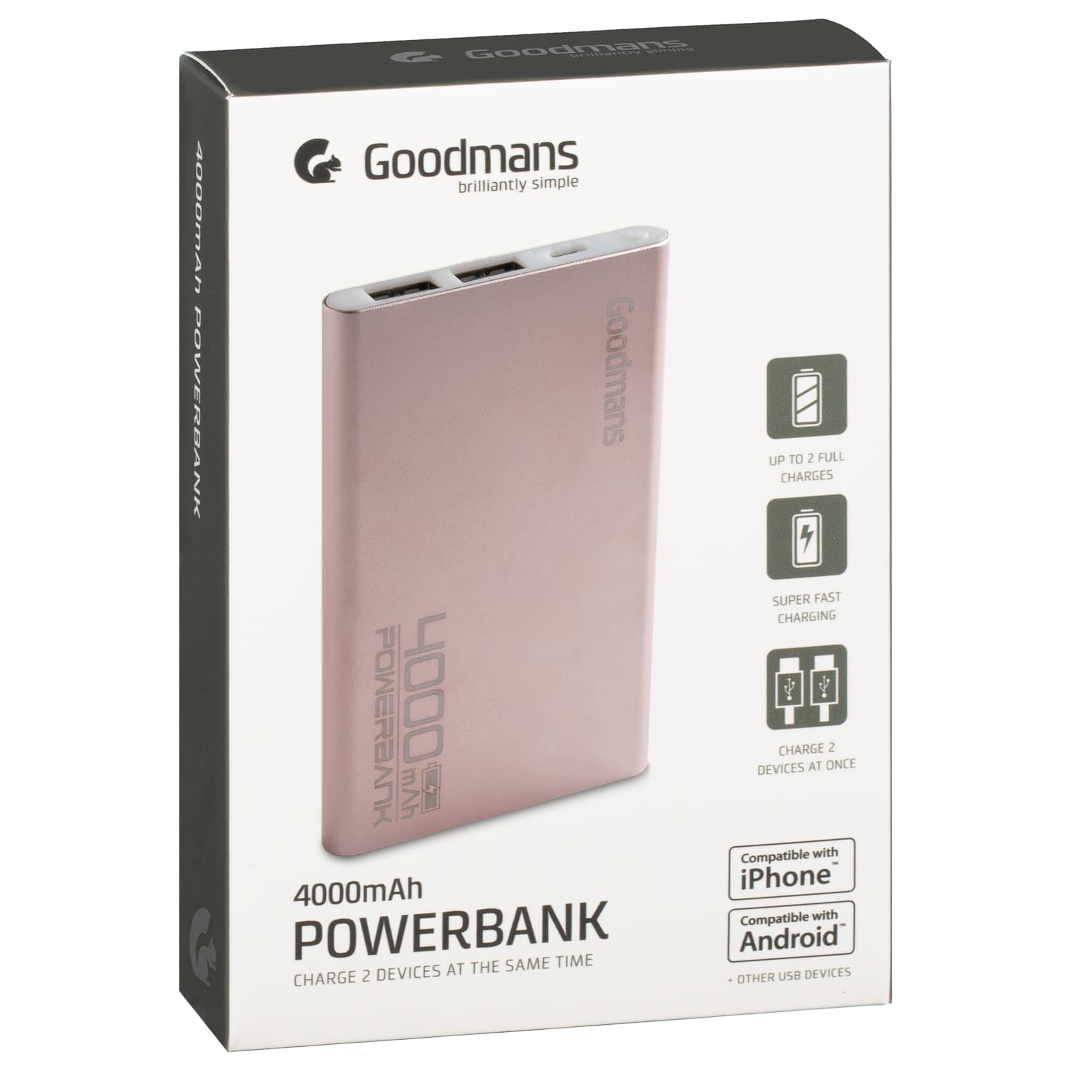 Goodmans Power Bank 4000mAh - Rose Gold | Power Banks - B&M