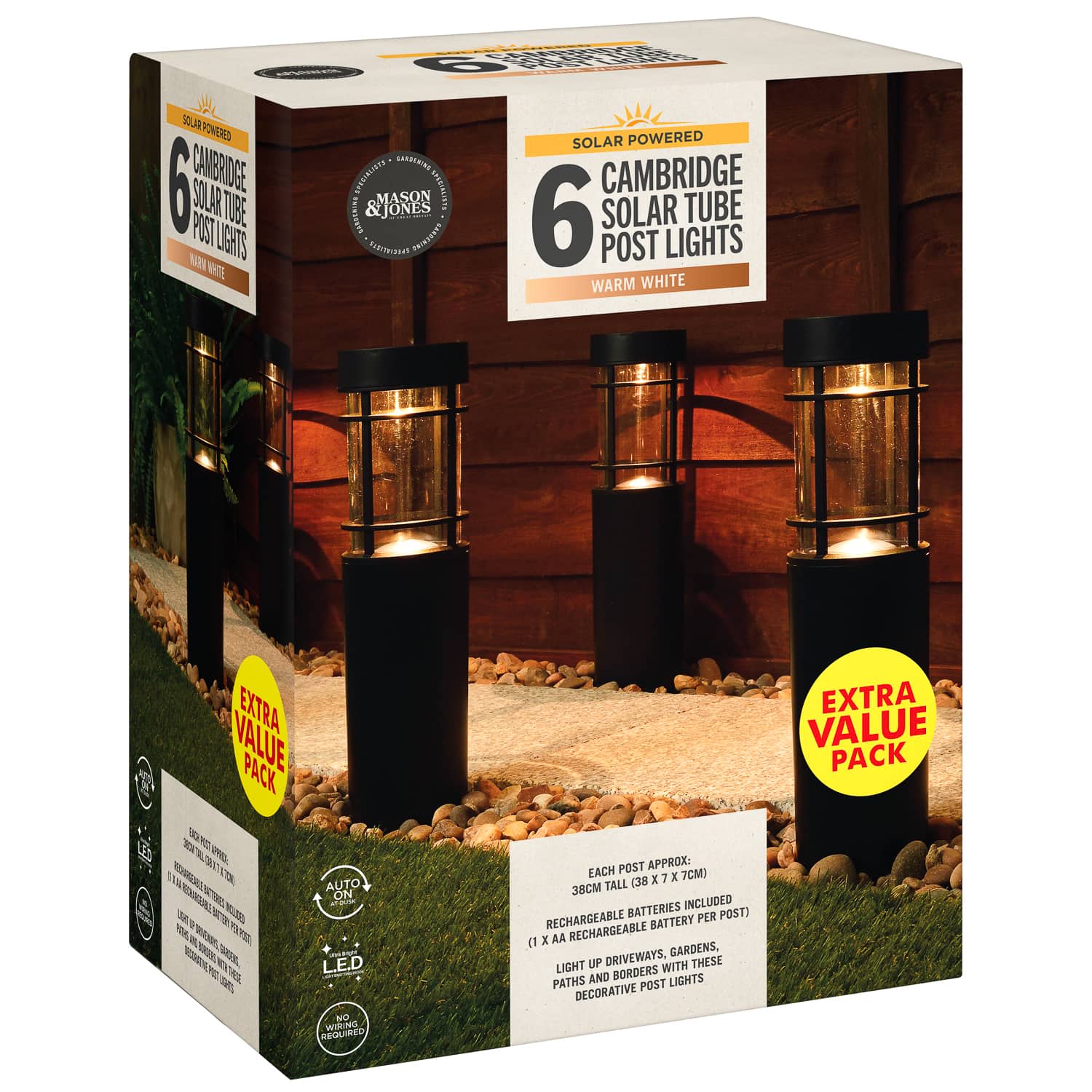 Cambridge Solar Powered Tube Post Lights 6pk B&M Stores