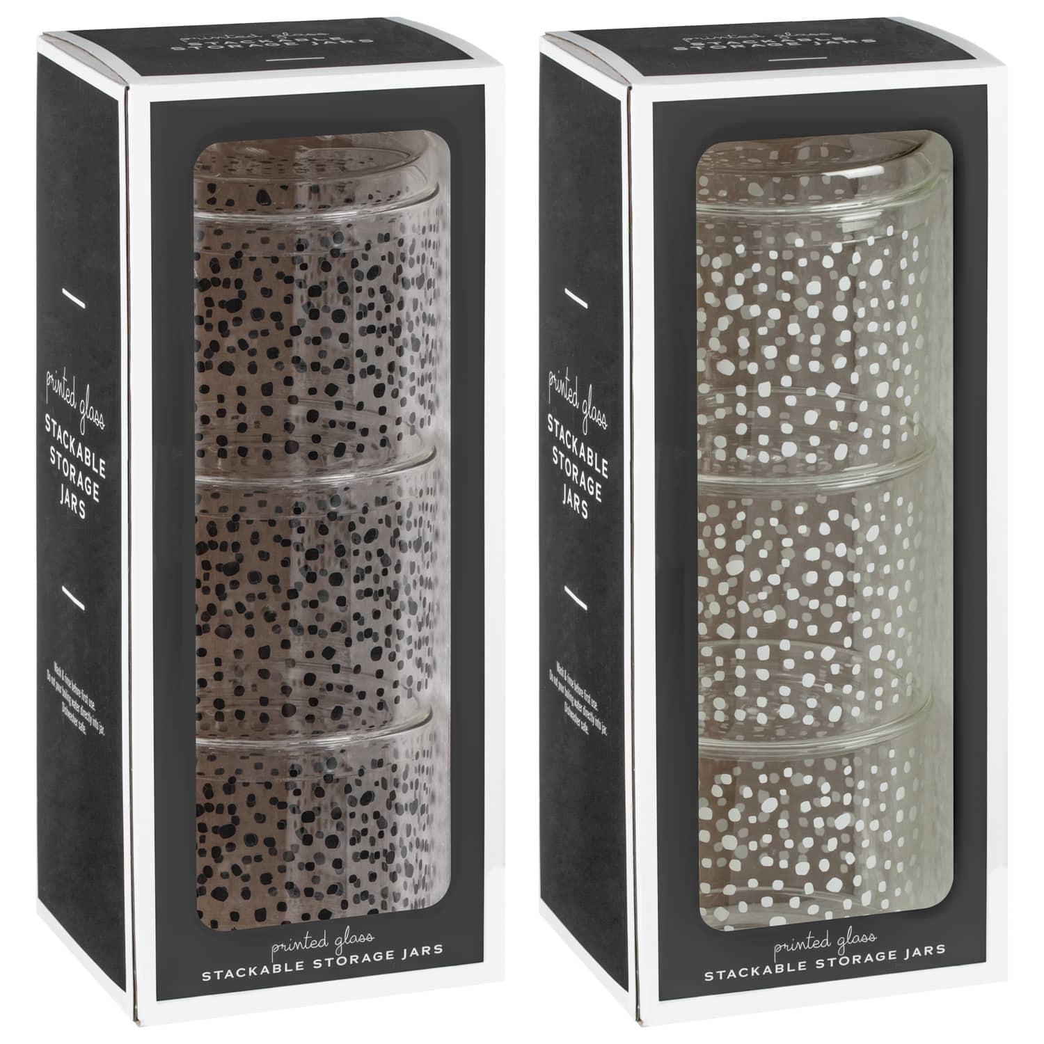 Printed Glass Stackable Storage Jars 3pc Black Kitchen B&M