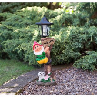 Garden Gnome with Solar Lamp Post - Red