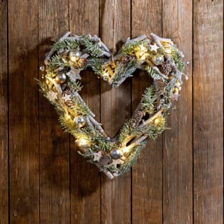 Hanging Light Up Christmas Heart with Foliage - Natural