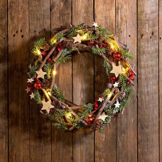 Hanging Light Up Christmas Wreath with Foliage - Red