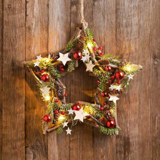 Hanging Light Up Christmas Star with Foliage - Red