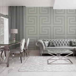 Giorgio Greek Key Wallpaper - Soft Silver