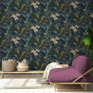 Tropical Leaves Wallpaper - Navy