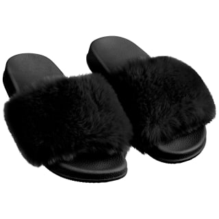 Kids Fluffy Sliders - Black