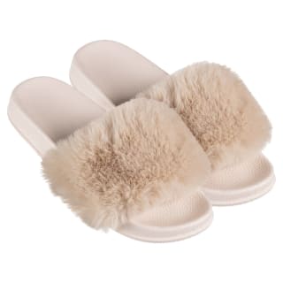 Kids Fluffy Sliders - Beige