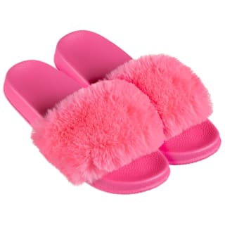 Kids Fluffy Sliders - Neon Pink
