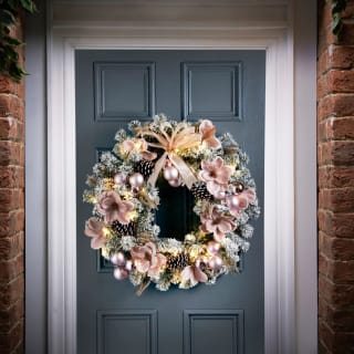 Frosted Wreath with Blush Poinsettias & Bows 70cm