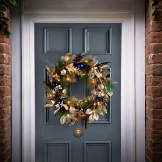 Navy & Champagne Wreath with Feathers 70cm