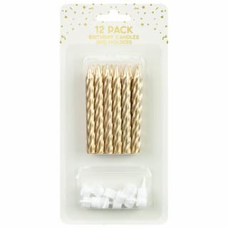 Metallic Birthday Candles & Holders 12pk - Gold