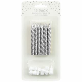 Metallic Birthday Candles & Holders 12pk - Silver