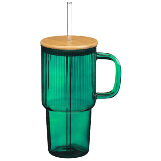 Ribbed Glass Tumbler with Bamboo Lid - Green
