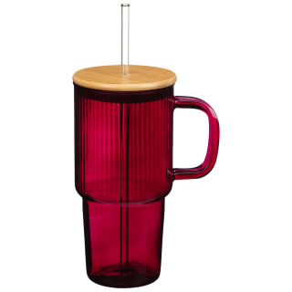 Ribbed Glass Tumbler with Bamboo Lid - Burgundy