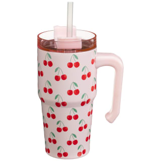 Double Wall Stainless Steel Tumbler with Straw & Handle 450ml - Cherries
