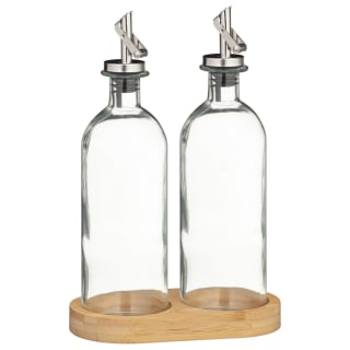 Set of Glass Oil/Vinegar Bottles on Bamboo Stand