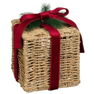 Pre Lit Seagrass Parcel with Red Velvet Bow & Foliage