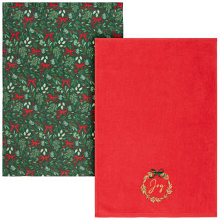 Christmas at Home Joy Bow Print Velour Tea Towels 2pk