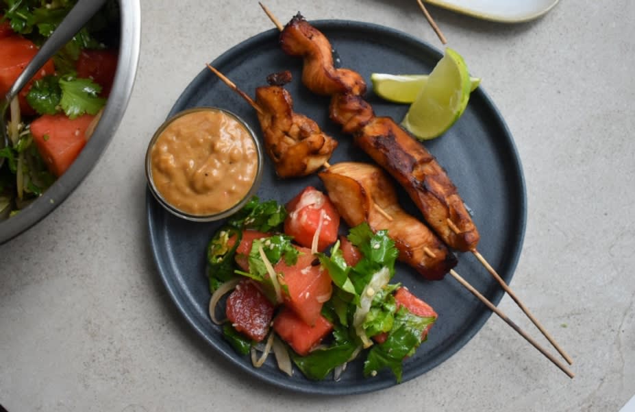Guest Recipe Chicken Satay Skewers with Watermelon & Chilli Salad