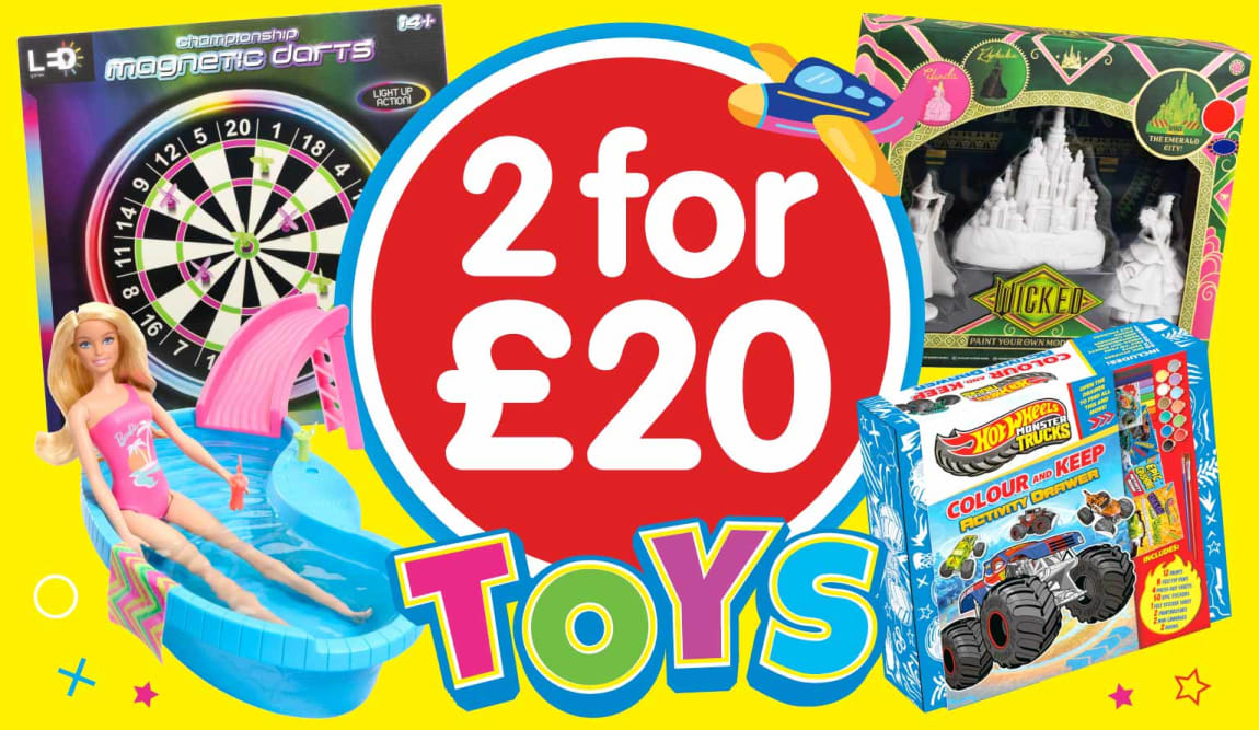 2 for &pound;20 Toys at B&M. Footer.